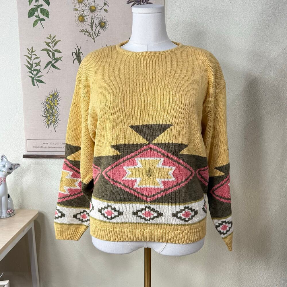 Vintage 80s 90s Aztec Pullover Knit Sweater Western Cowgirl Southwestern Boho L
